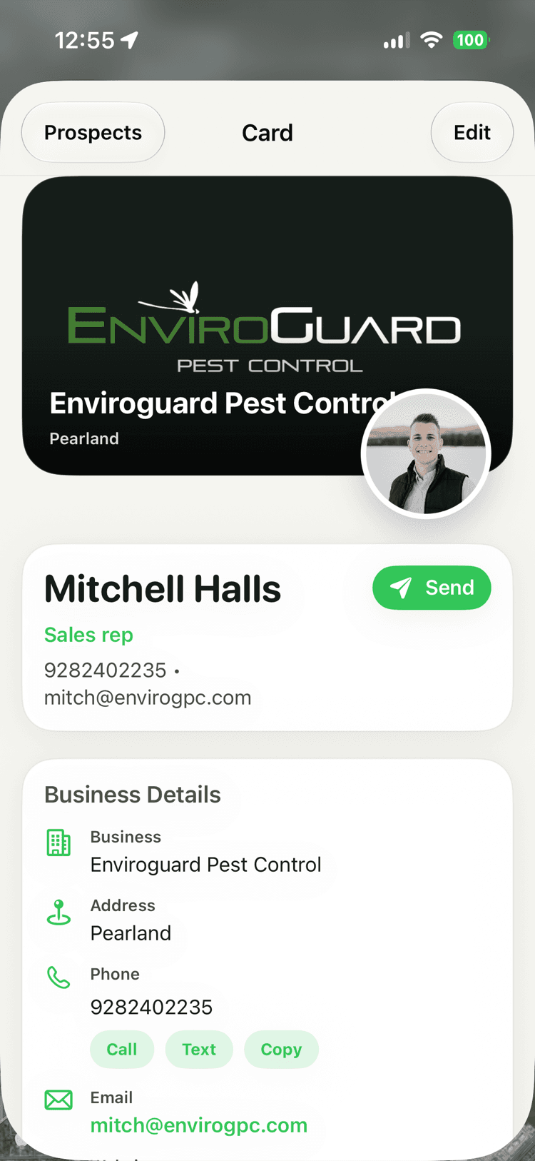 A digital business card showing a company logo, the rep's name and photo, a Send button, and business details with Call, Text, and Copy actions.