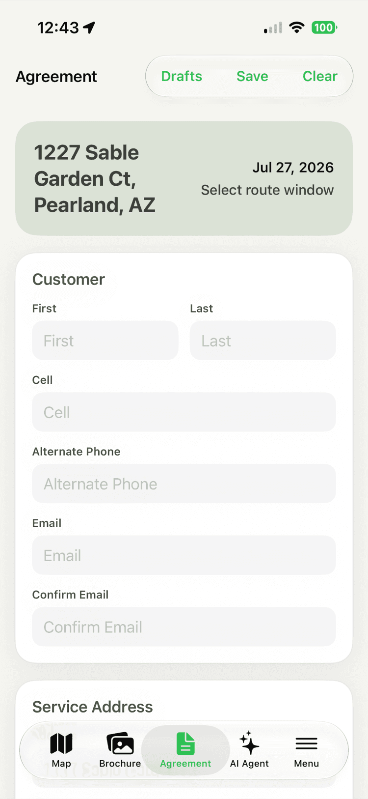 An in-app service agreement form with fields for the customer's first and last name, cell, alternate phone, email, and service address, headed by the property address and a route-window date.