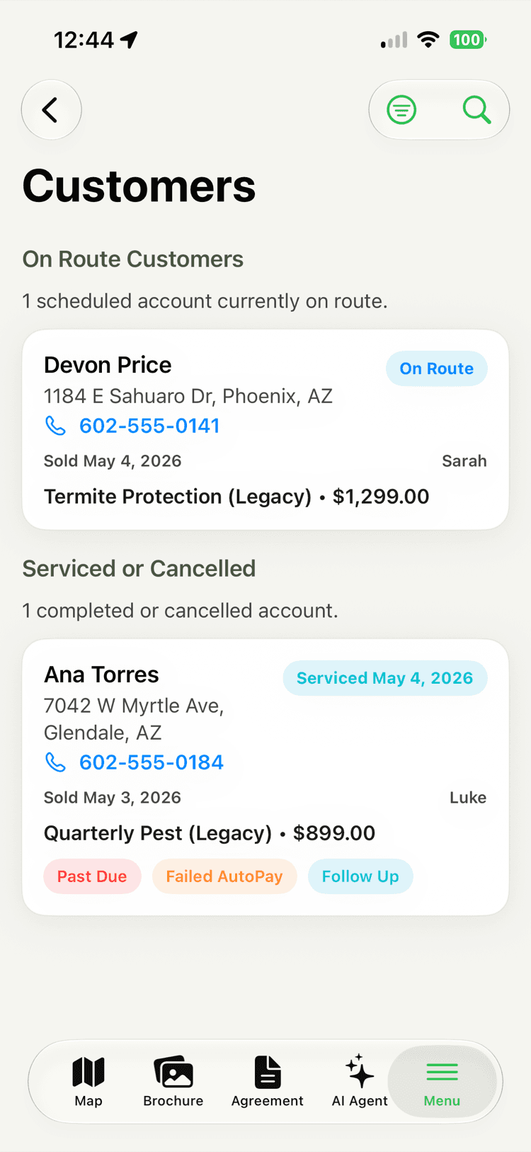 A Customers screen with sections for On Route and Serviced or Cancelled accounts, each card showing the customer, address, phone, sale date, plan and price, and status tags like Past Due, Failed AutoPay, and Follow Up.