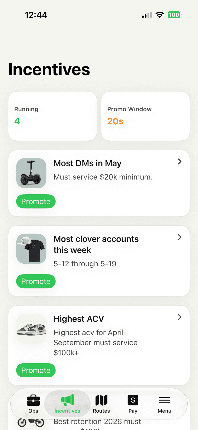 An Incentives screen listing running promotions such as Most DMs in May, Most accounts this week, and Highest ACV, each with a prize image and a Promote button.