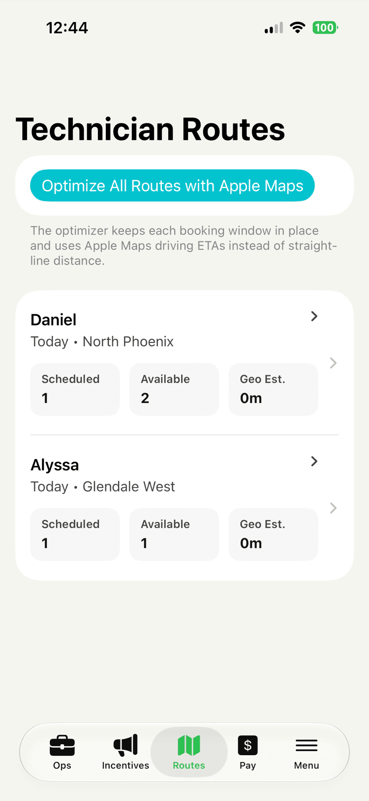 A Technician Routes screen with an Optimize All Routes with Apple Maps button and per-technician cards showing scheduled and available stops and geo estimates.