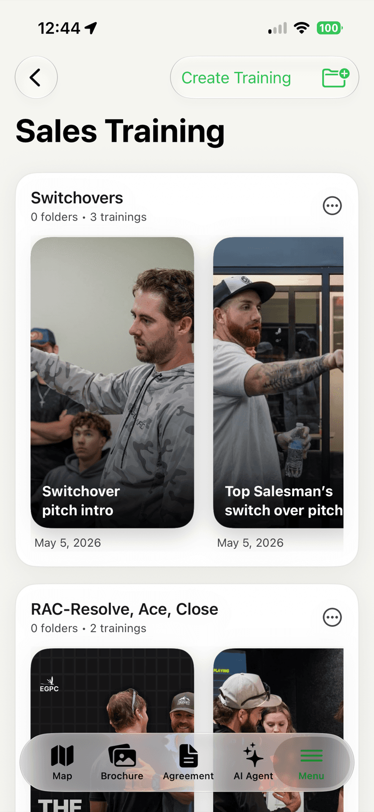 A Sales Training screen with folders like Switchovers and RAC — Resolve, Ace, Close — each holding video trainings with thumbnails and dates.