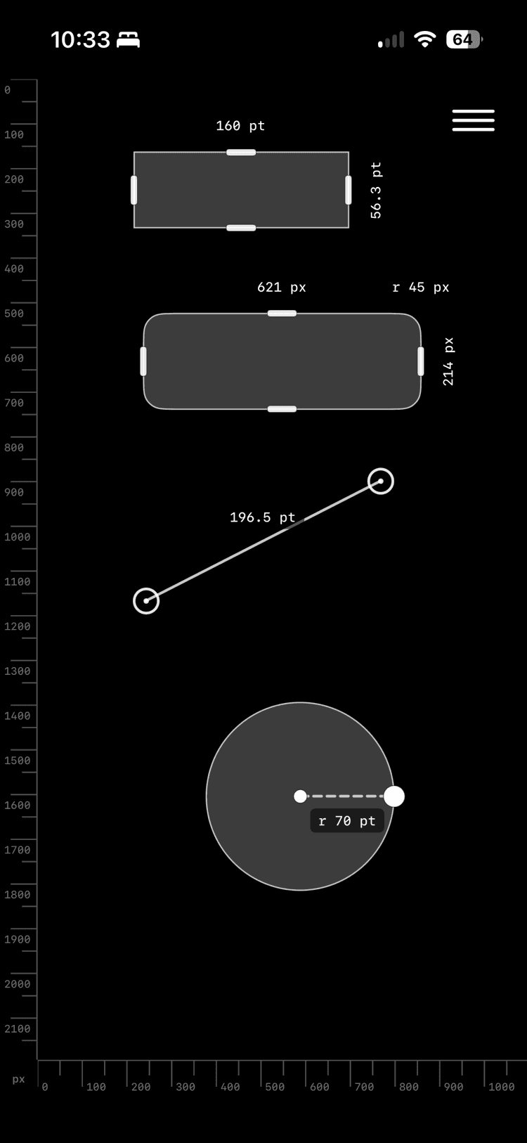 A black canvas with rulers down the left edge and along the bottom, holding a 160pt rectangle, a 621px rounded rectangle, a 196.5pt line, and a circle with a 70pt radius.