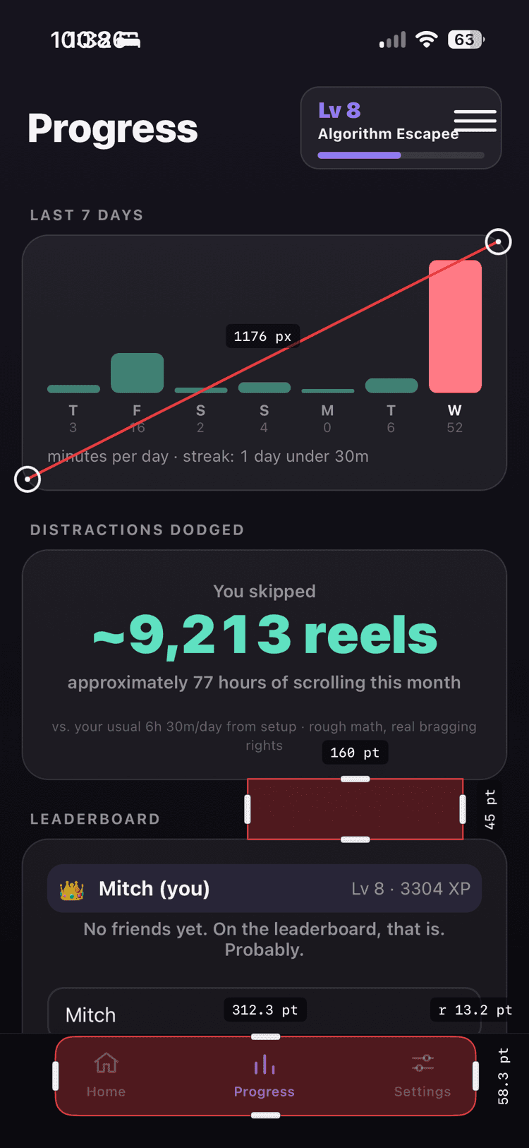 Measurement overlays drawn on top of a running app's interface, sizing a card at 160pt by 45pt and a tab bar at 58.3pt tall.