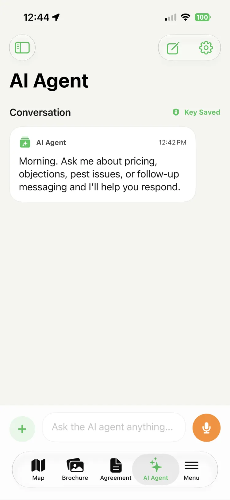An AI Agent chat screen inviting the rep to ask about pricing, objections, pest issues, or follow-up messaging, with a text box reading Ask the AI agent anything.