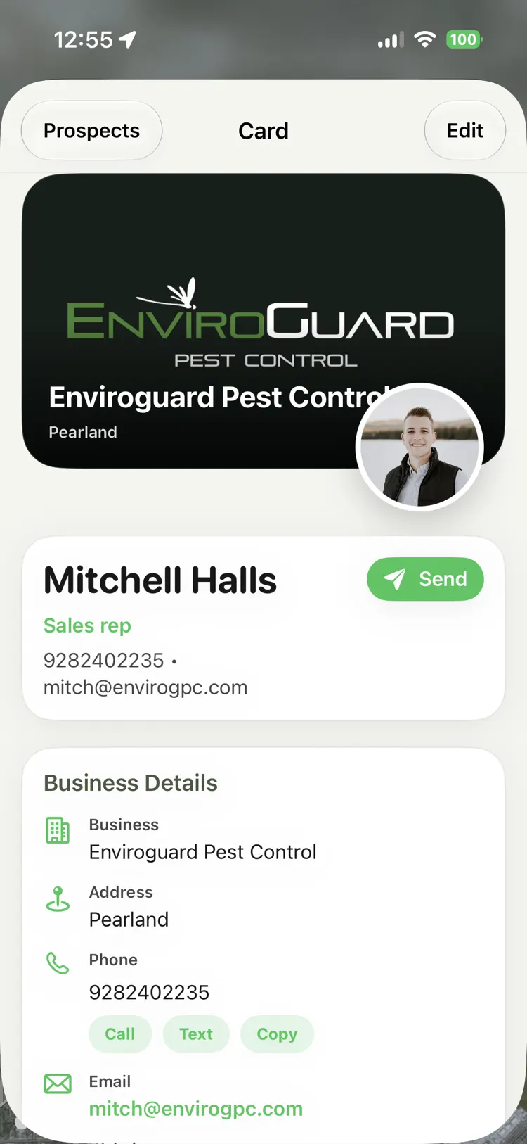 A digital business card showing a company logo, the rep's name and photo, a Send button, and business details with Call, Text, and Copy actions.