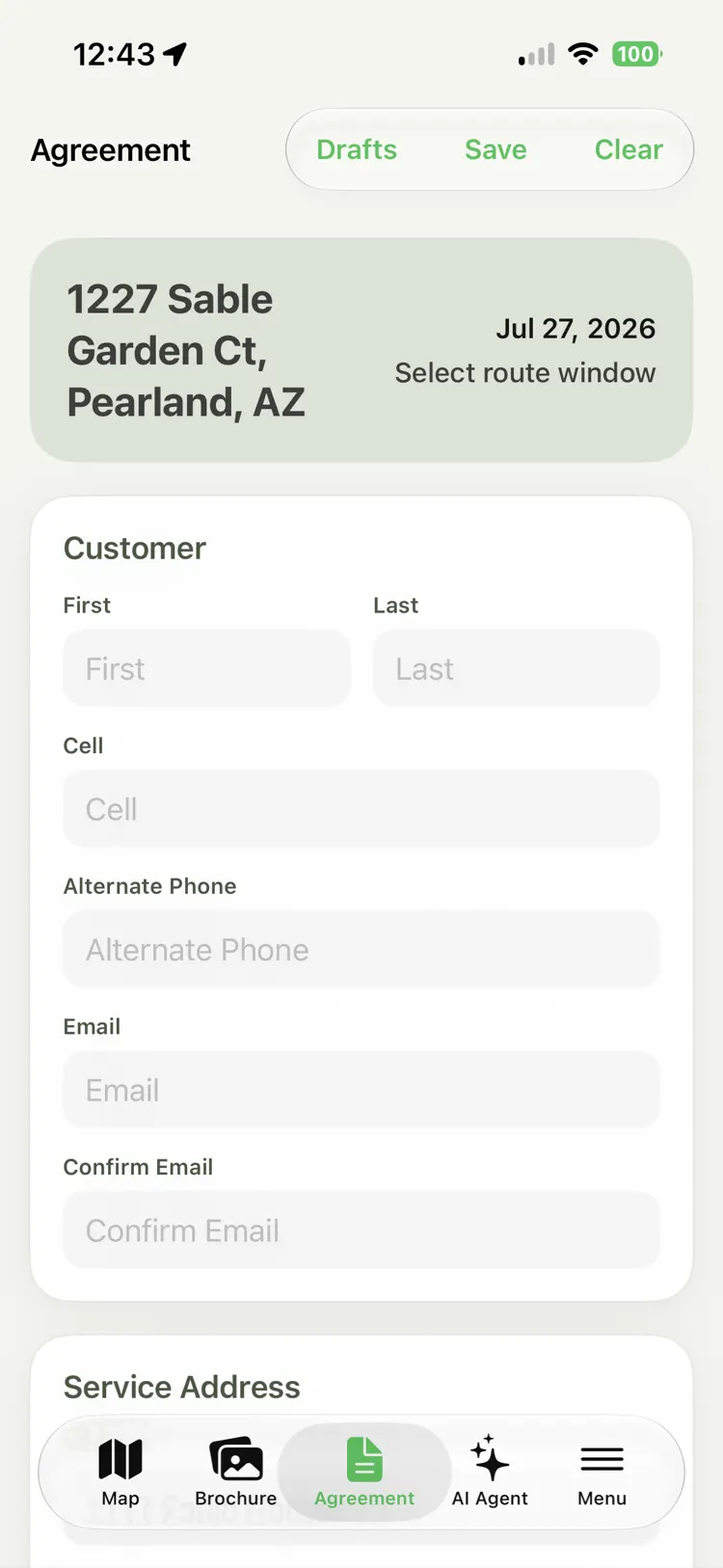 An in-app service agreement form with fields for the customer's first and last name, cell, alternate phone, email, and service address, headed by the property address and a route-window date.