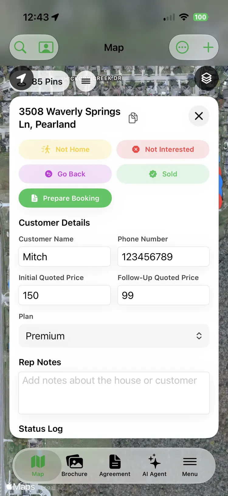 A tapped map pin opening a sheet for 3508 Waverly Springs Ln with status buttons — Not Home, Not Interested, Go Back, Sold, Prepare Booking — plus customer name, phone, quoted prices, and plan.