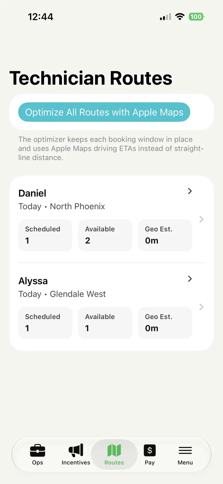 A Technician Routes screen with an Optimize All Routes with Apple Maps button and per-technician cards showing scheduled and available stops and geo estimates.