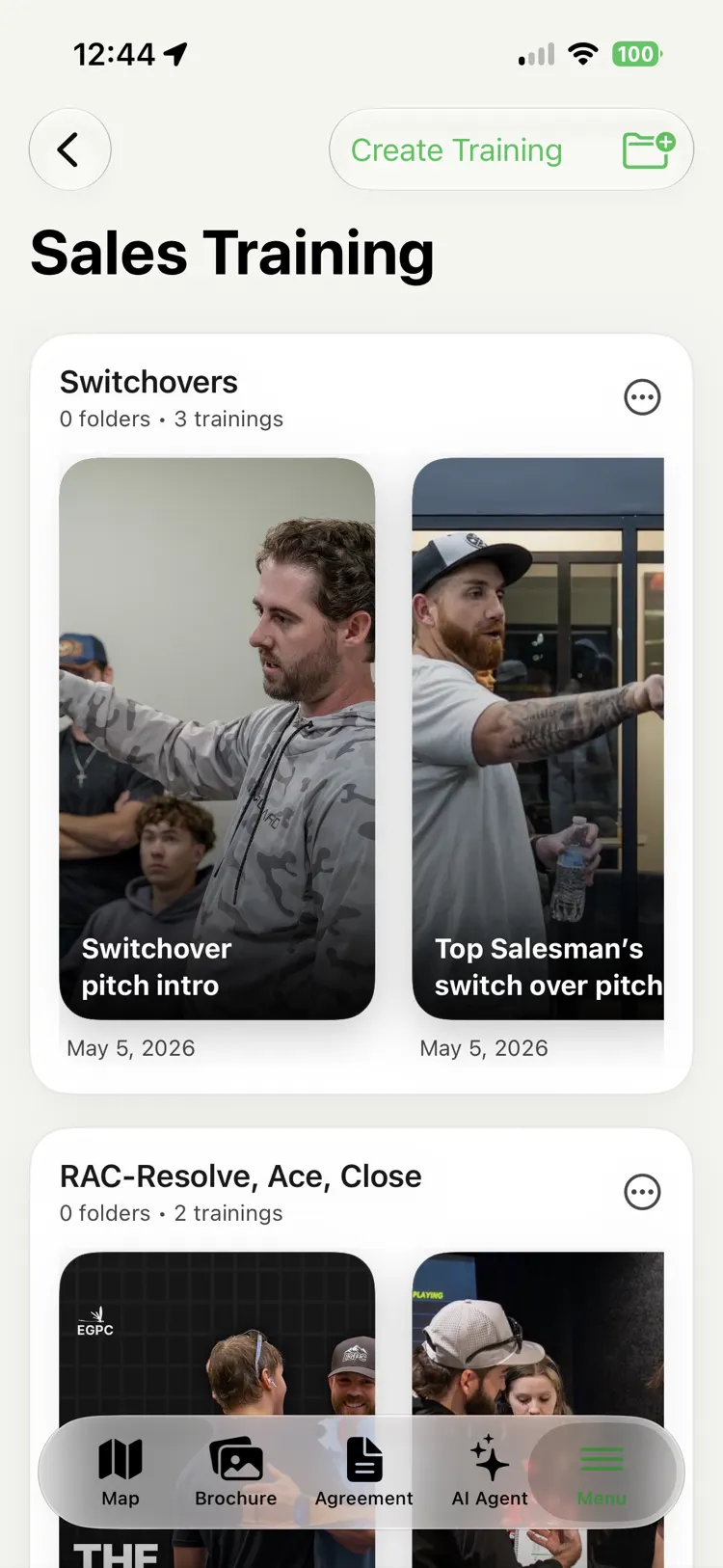 A Sales Training screen with folders like Switchovers and RAC — Resolve, Ace, Close — each holding video trainings with thumbnails and dates.