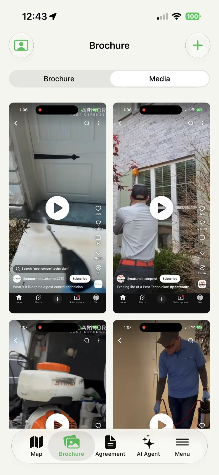 A media tab showing a grid of short service and technician videos with play buttons and view counts.