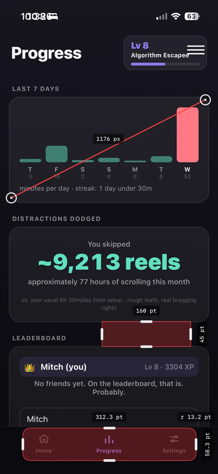 Measurement overlays drawn on top of a running app's interface, sizing a card at 160pt by 45pt and a tab bar at 58.3pt tall.