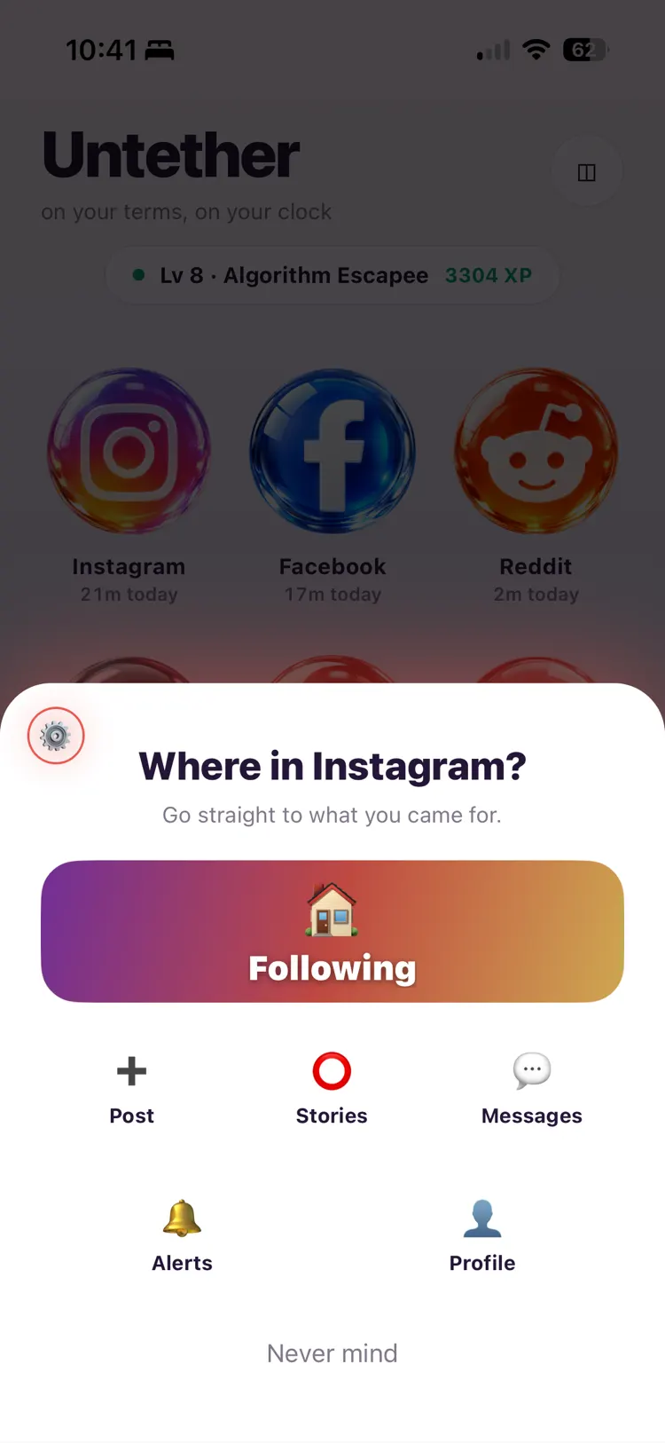 A sheet asking “Where in Instagram?” with a large Following button and smaller shortcuts to Post, Stories, Messages, Alerts, and Profile.