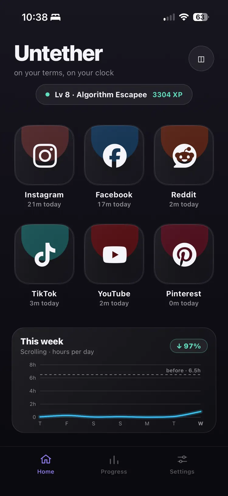 The home screen in the charcoal theme, showing every platform as a tile with today's minutes beneath it.